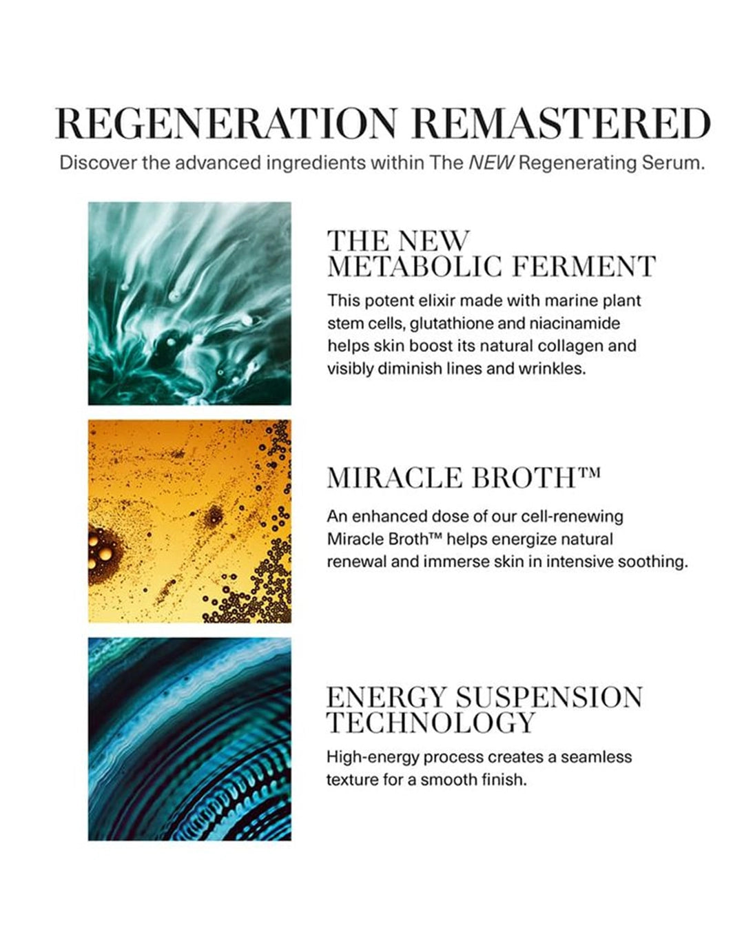 Advertisement for a regenerating serum with text and images of ingredients on a white background.