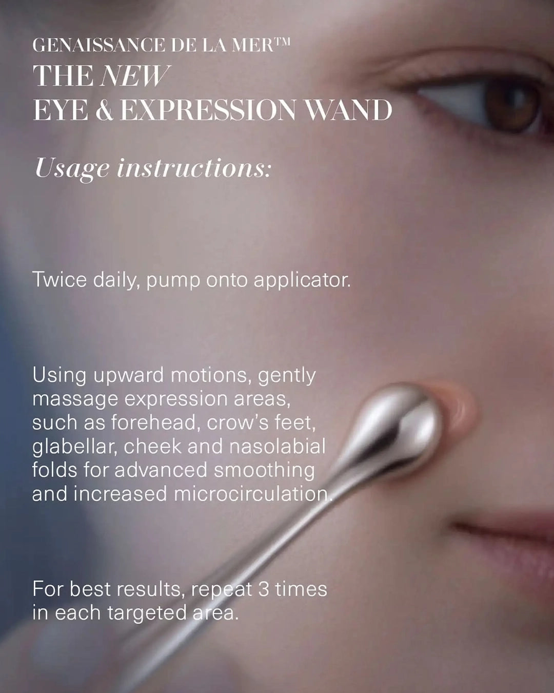 Advertisement for Genaissance de la Mer eye and expression wand with usage instructions.