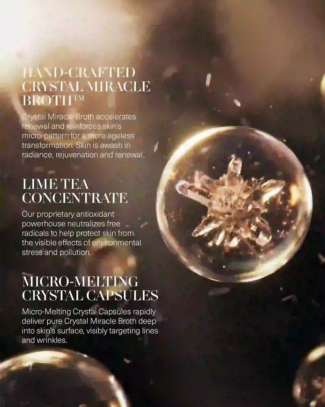 Advertisement for Hand-Crafted Crystal Miracle Broth with text and crystal capsules on a dark background.