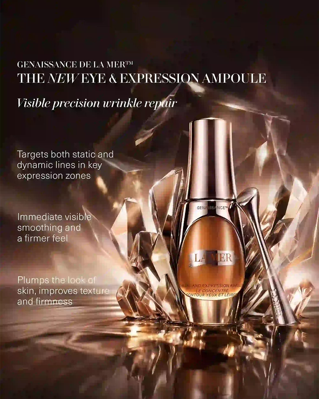 Advertisement for La Mer eye and expression ampoule with product and text on a dark background