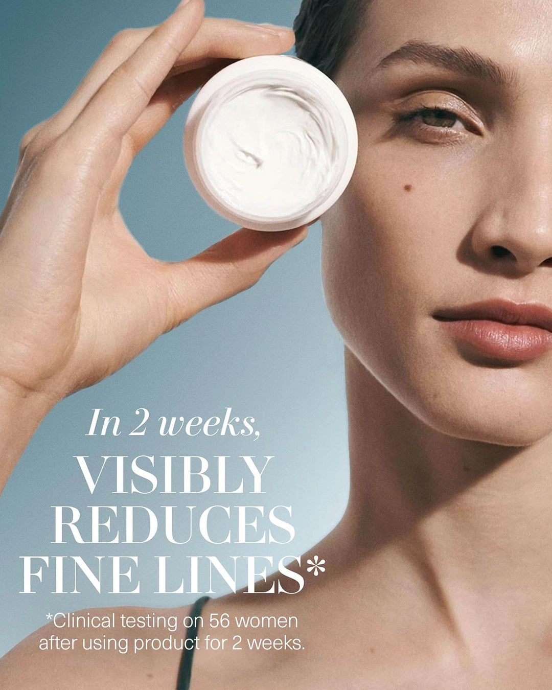 Woman holding a skincare product with text claiming visible reduction of fine lines.