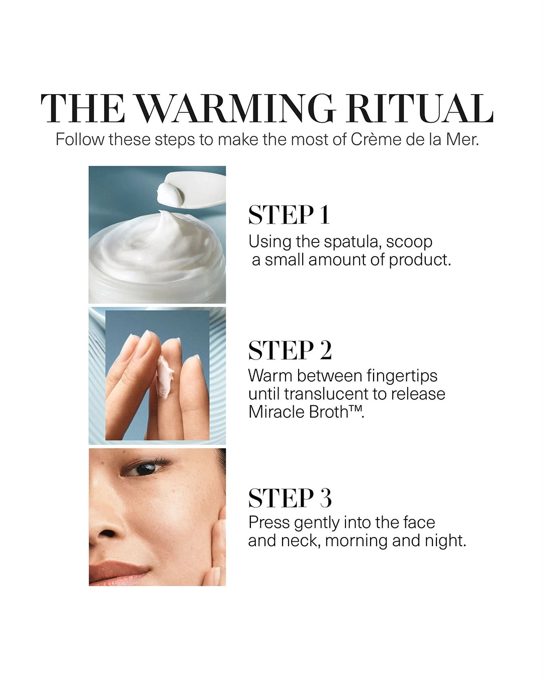 Instructions for using Crème de la Mer with images of cream and application on skin.