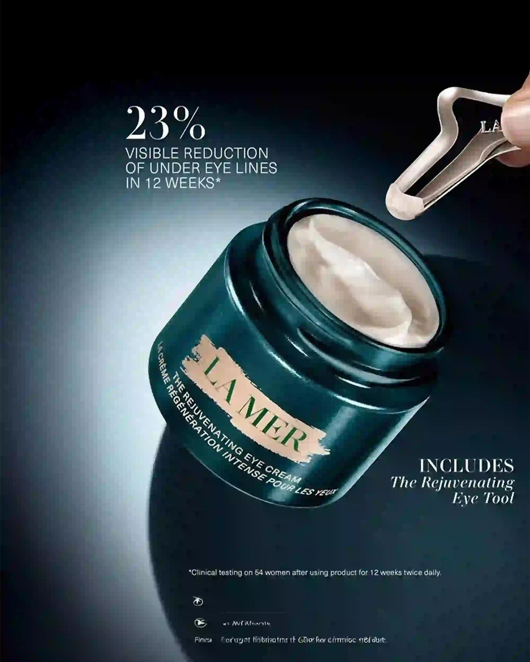 La Mer eye cream jar with visible reduction claim on a dark background