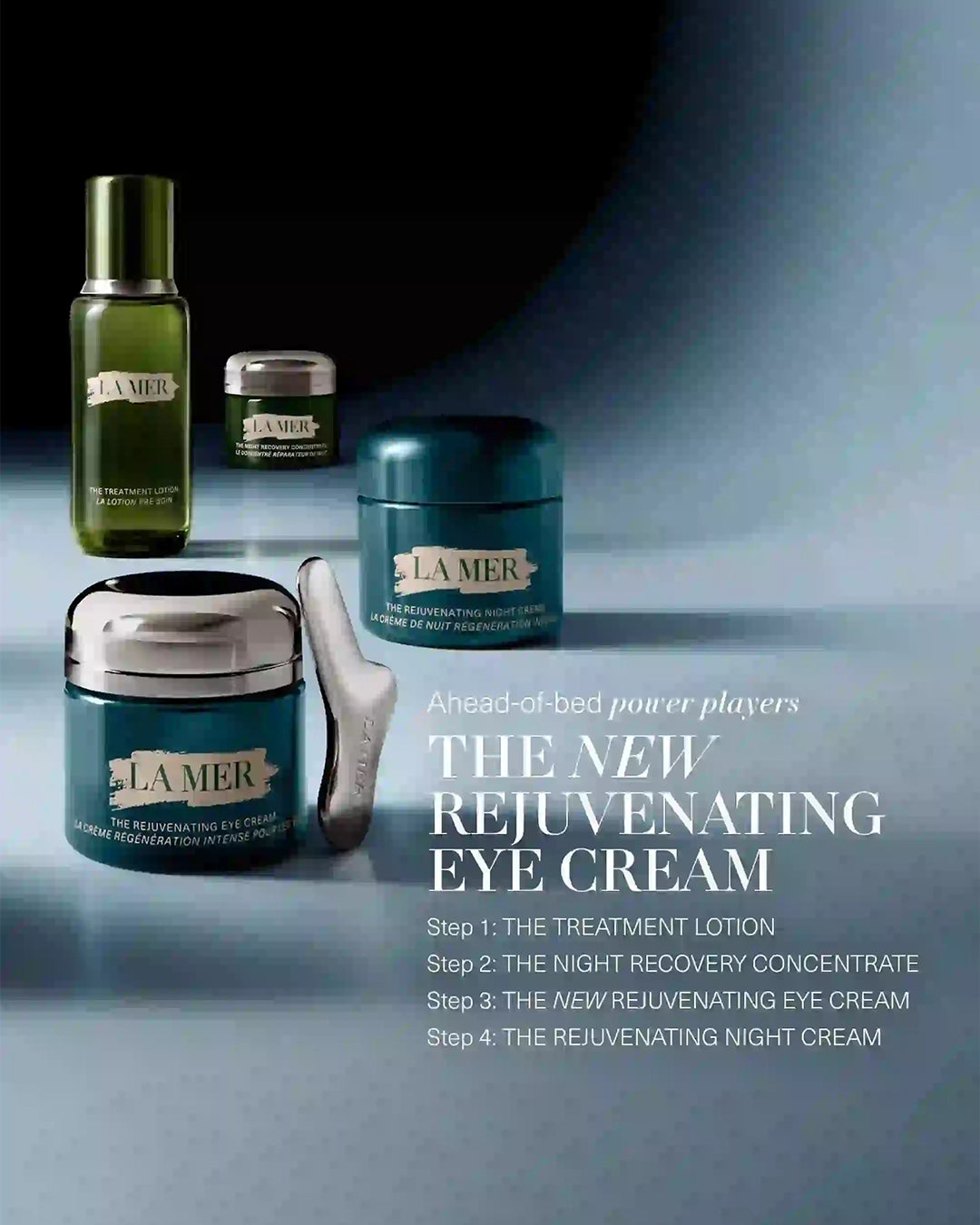 La Mer skincare products on a gradient blue background with text about the new rejuvenating eye cream.