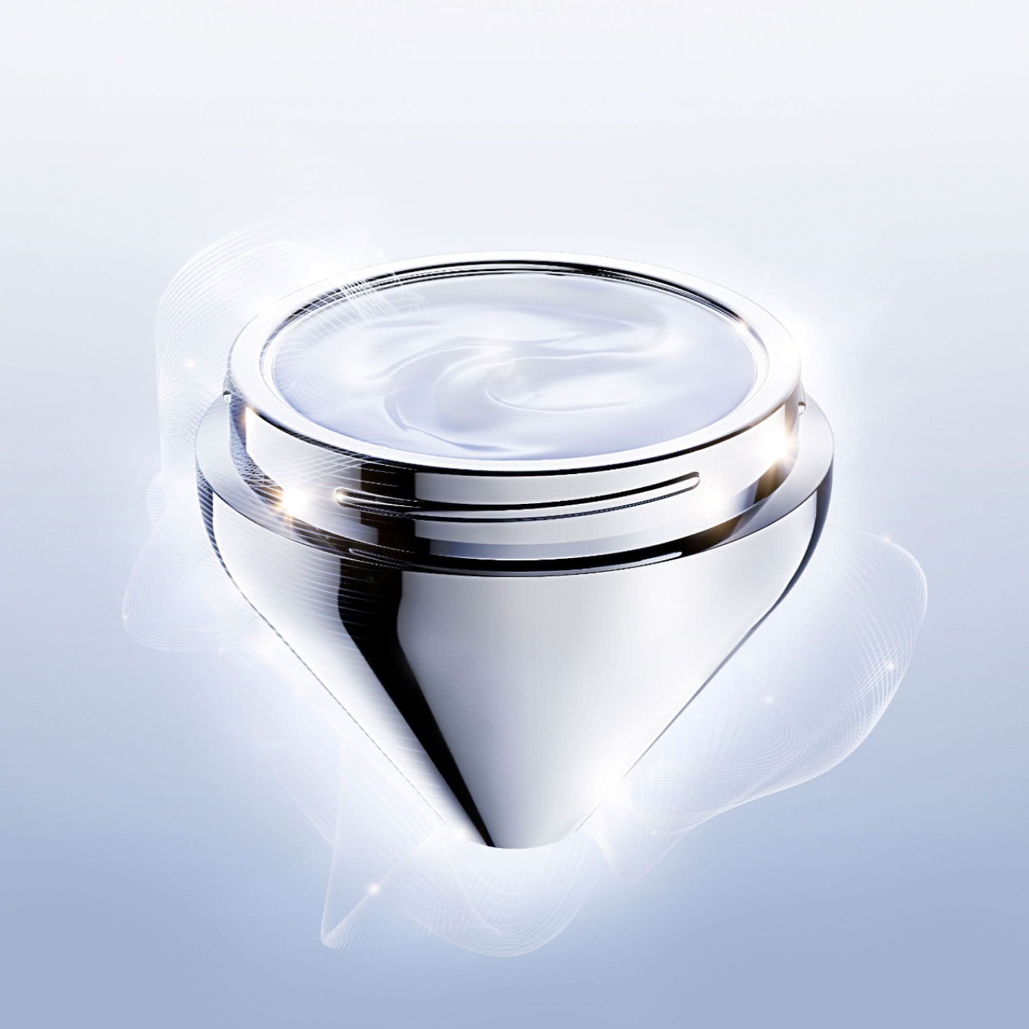Silver container with a clear lid on a light gray background