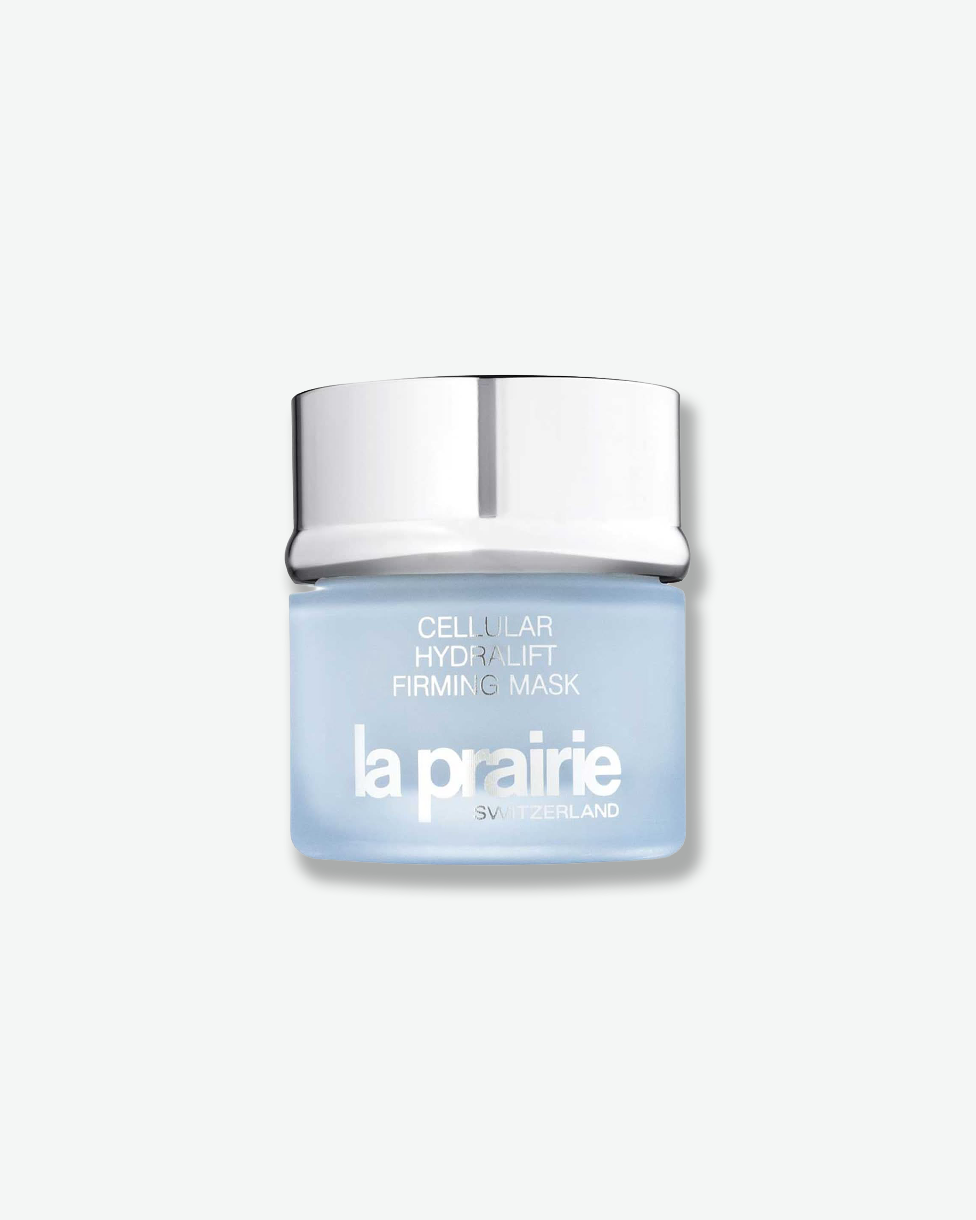Front view of a La Prairie Cellular Hydralift Firming Mask jar against a plain gray background. The jar consists of a soft, matte frosted ice-blue glass base printed with silver branding, crowned with a high-shine silver metallic cap.