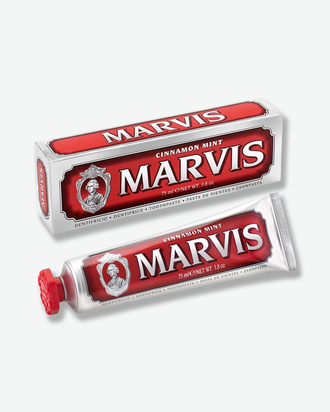 Two tubes of Marvis cinnamon mint toothpaste on a white background