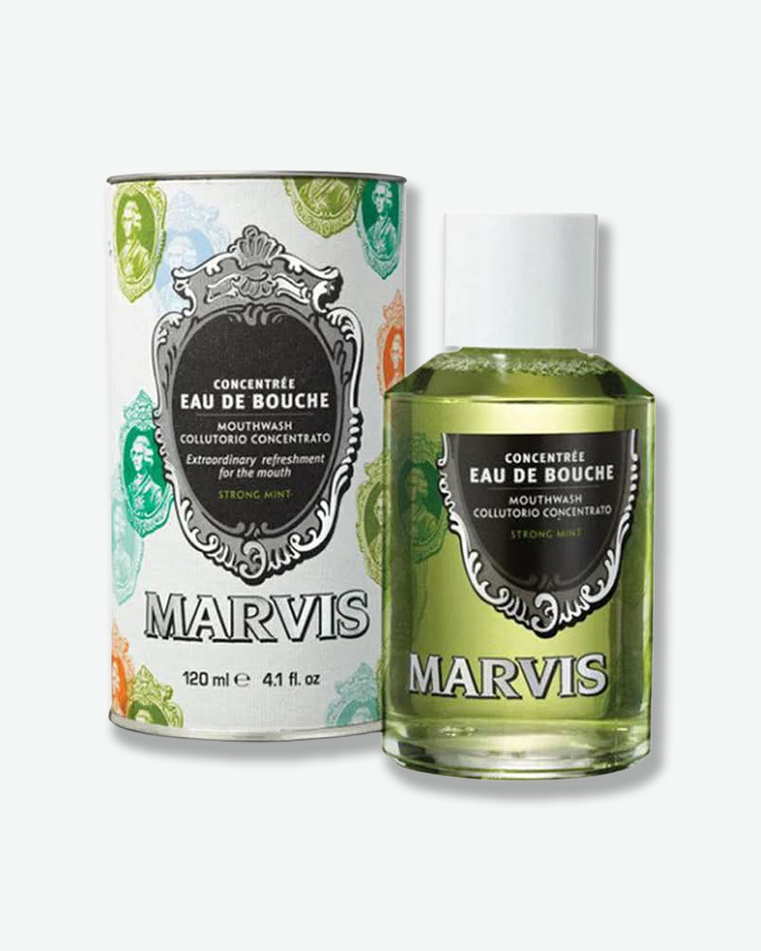 Marvis mouthwash can and bottle on a white background