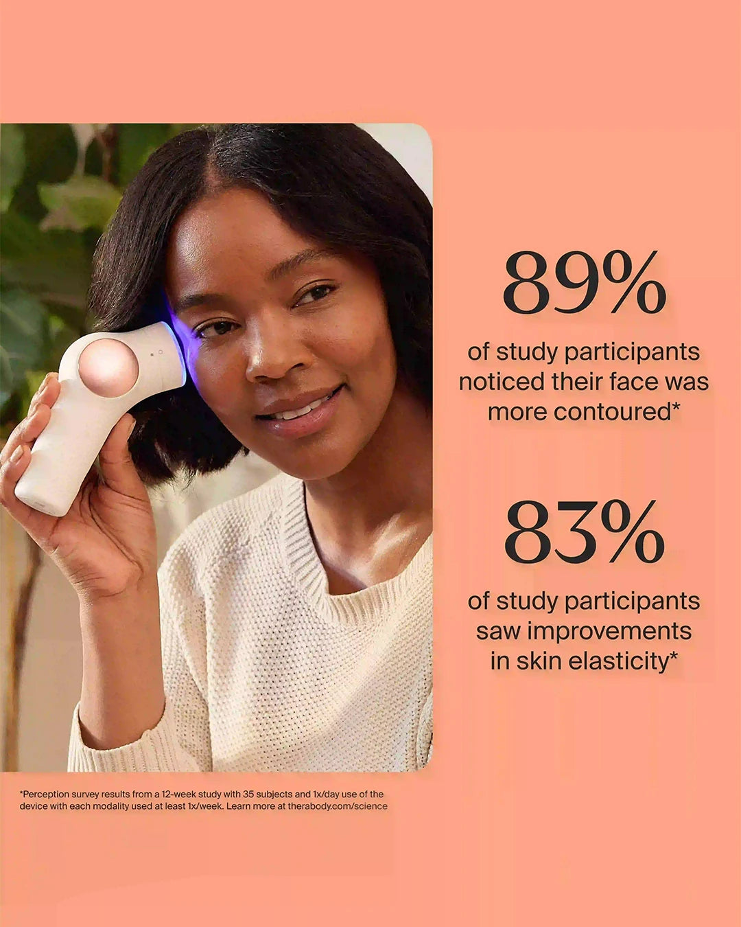 Woman using a skincare device with statistical claims on a peach background