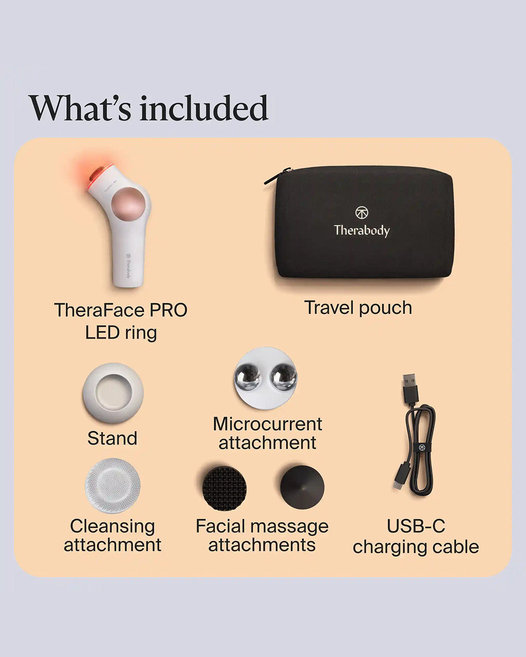 Theraface PRO LED ring with travel pouch, attachments, and charging cable on a beige background