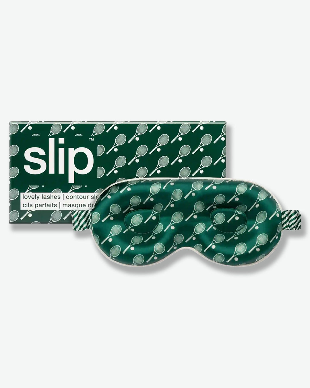 Green sleep mask with tennis racket pattern and packaging on a white background