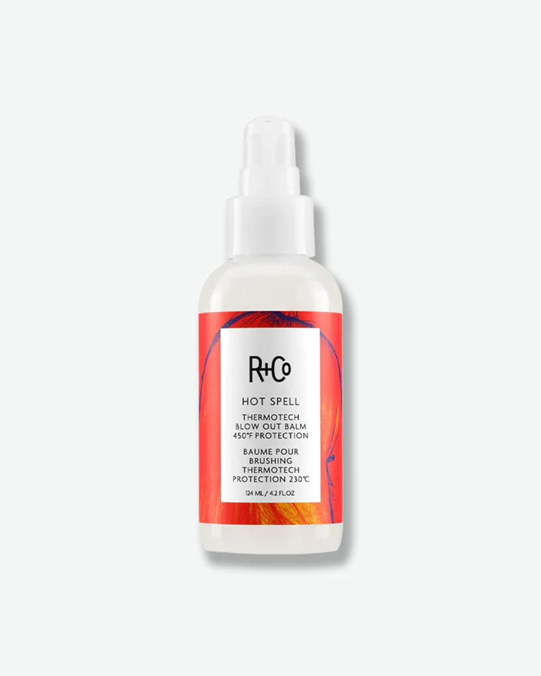 A product shot of a R+Co Hot Spell Thermotech Blow Out Balm bottle, centered against a plain light gray background. The curved bottle is opaque white and is fitted with a matching white pump dispenser and a clear protective cap. The bottle features a vibrant red orange graphic label with a central white square that displays the "R+Co" logo, the product name, and description details including "450°F PROTECTION" and the French translation, ending with the volume "124 ML / 4.2 FL.OZ".