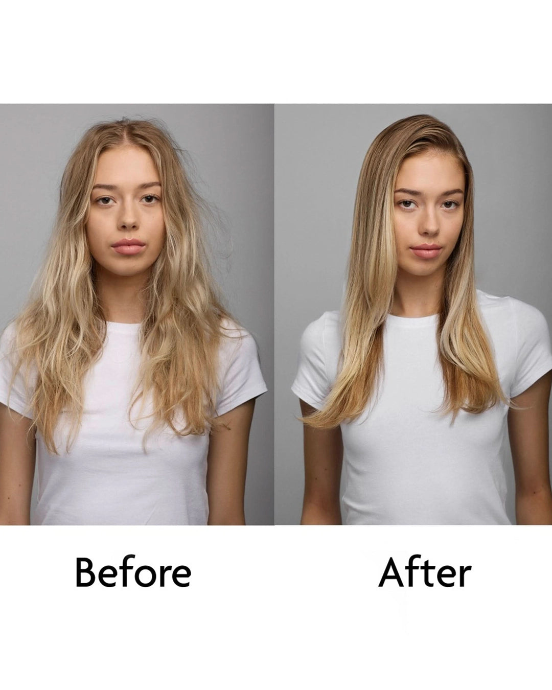 Before and after comparison of a person with long blonde hair wearing a white shirt.