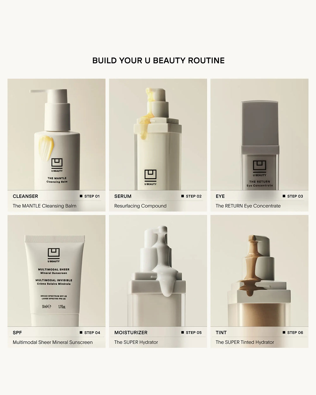 Skincare product lineup with step-by-step guide on a light background