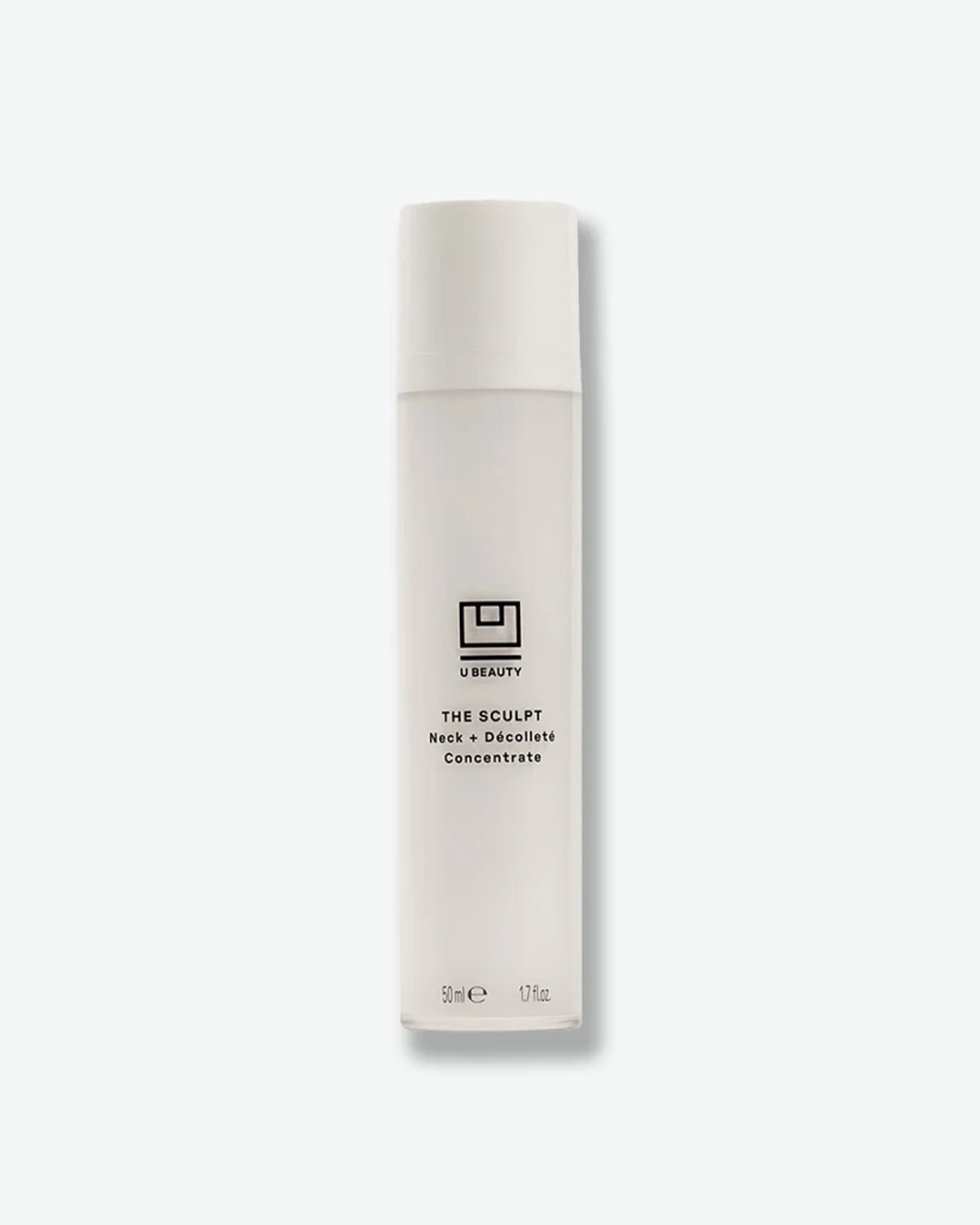 A product shot of a U Beauty The Sculpt Neck + Décolleté Concentrate bottle, centered against a plain light gray background. The slender, tall cylindrical bottle is made of frosted white plastic, capped with a solid white flush top. The front displays the black brand logo emblem and the product title "THE SCULPT Neck + Décolleté Concentrate", finished with the volume details "50 mL e 1.7 fl. oz." at the very bottom.