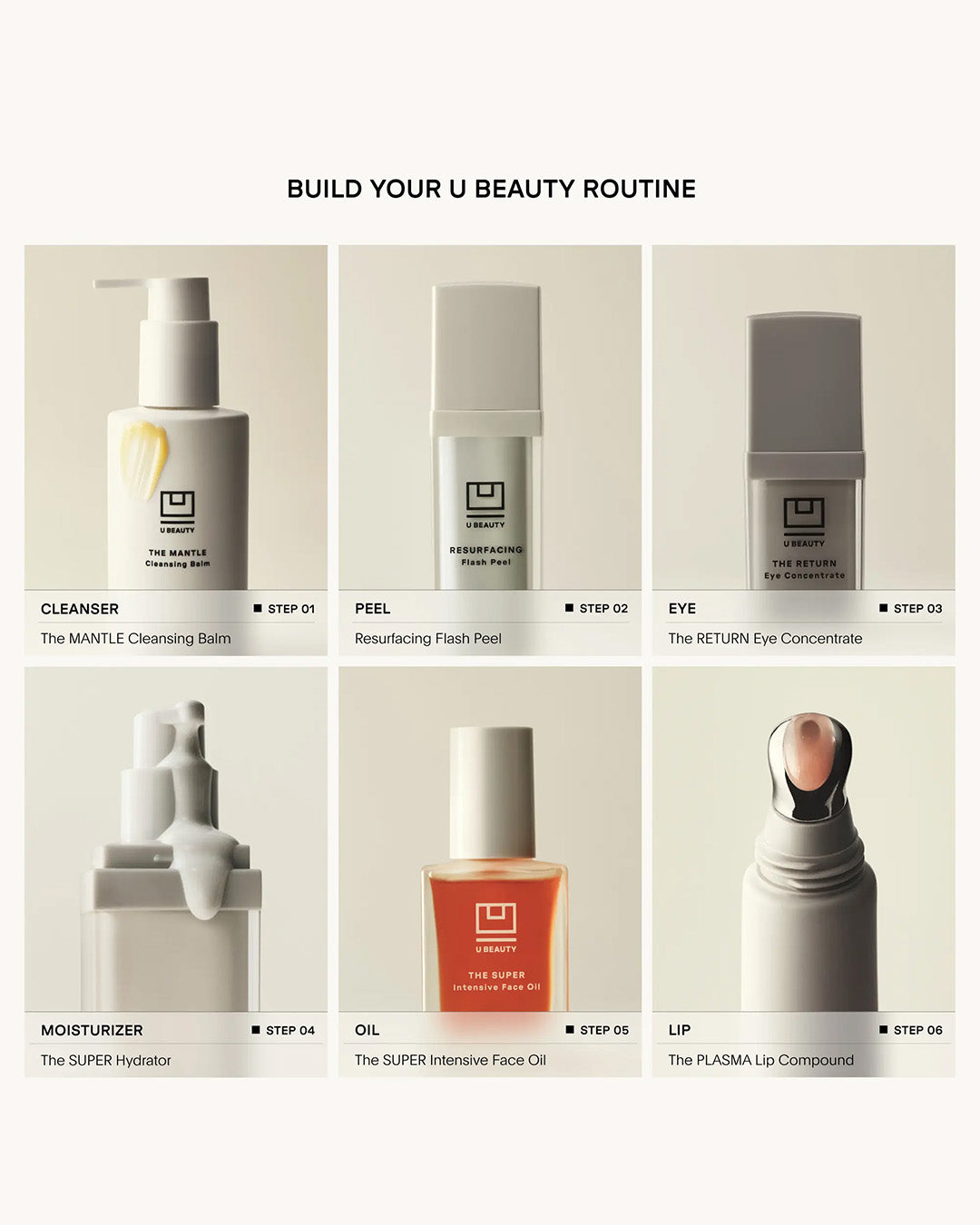 Beauty product lineup with step-by-step guide on a light background