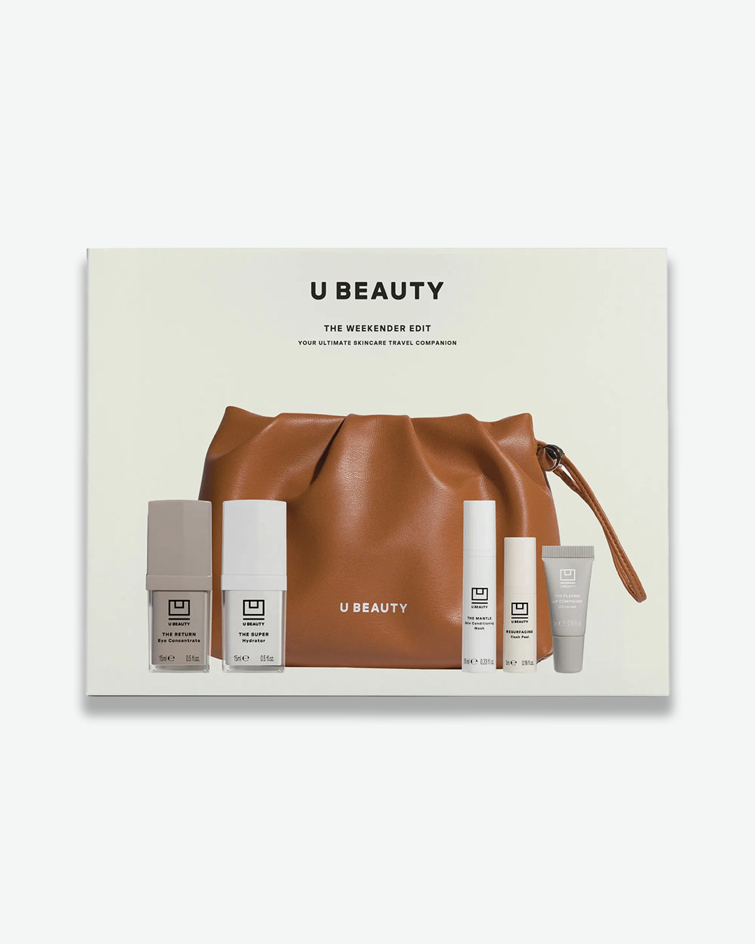U Beauty skincare set with brown bag on a white background