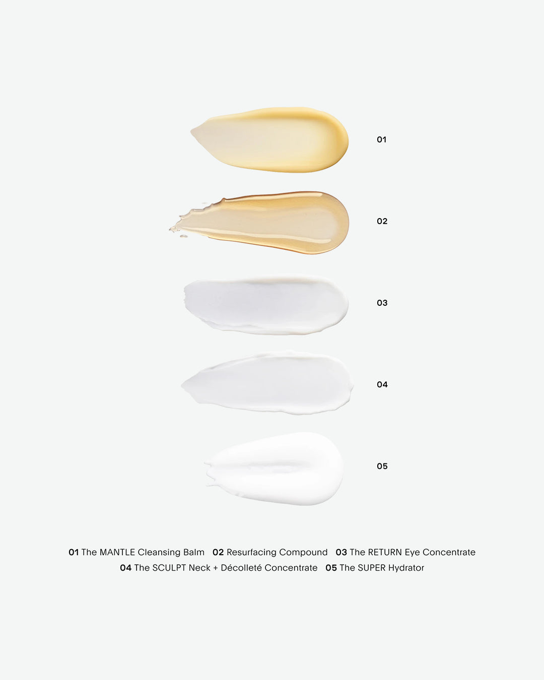 Product swatches of different skincare products on a white background