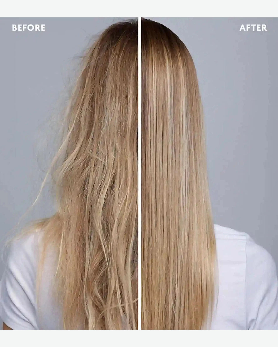 Before and after comparison of blonde hair with a gray background