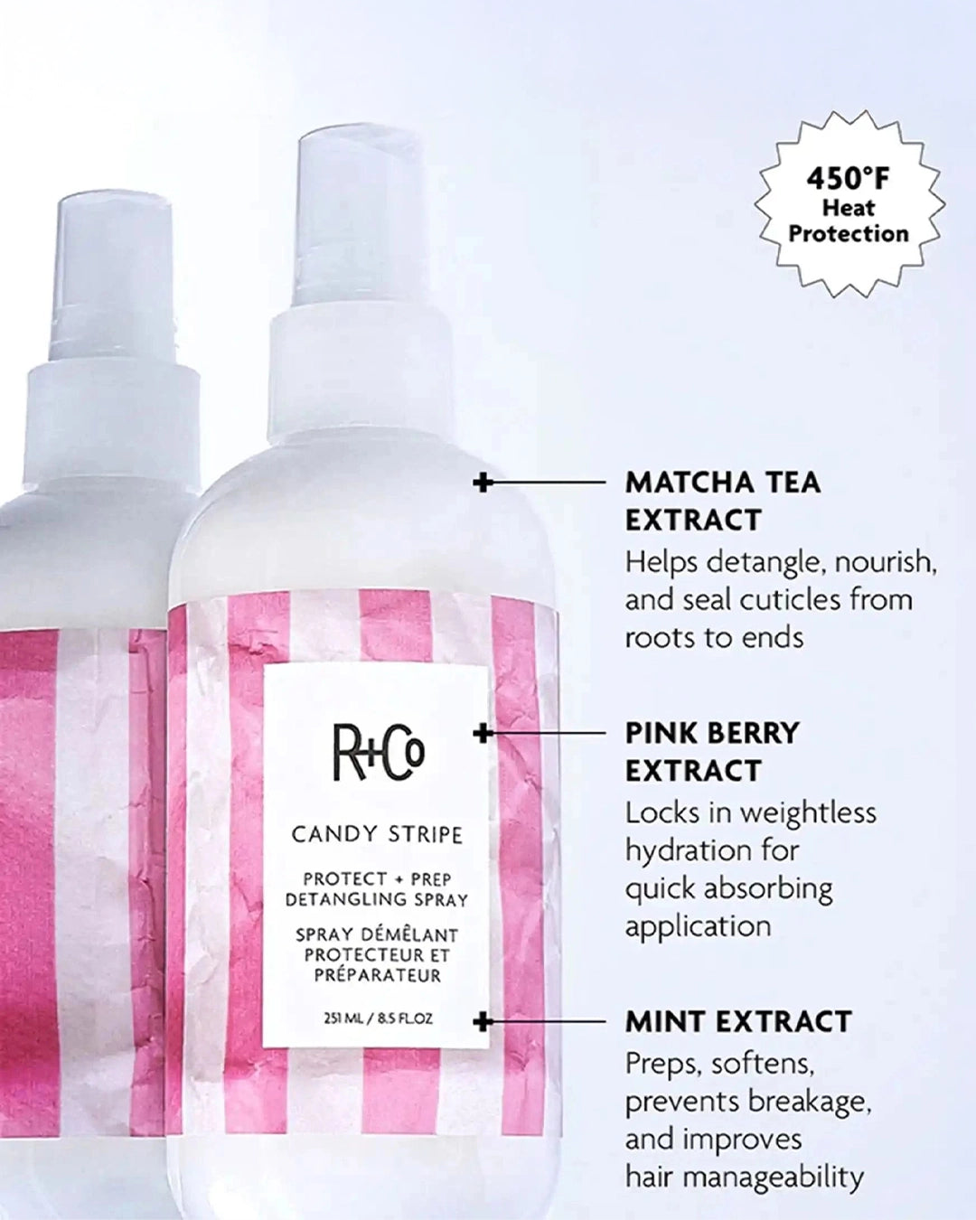 R+Co hair care product with pink and white striped design on a light purple background