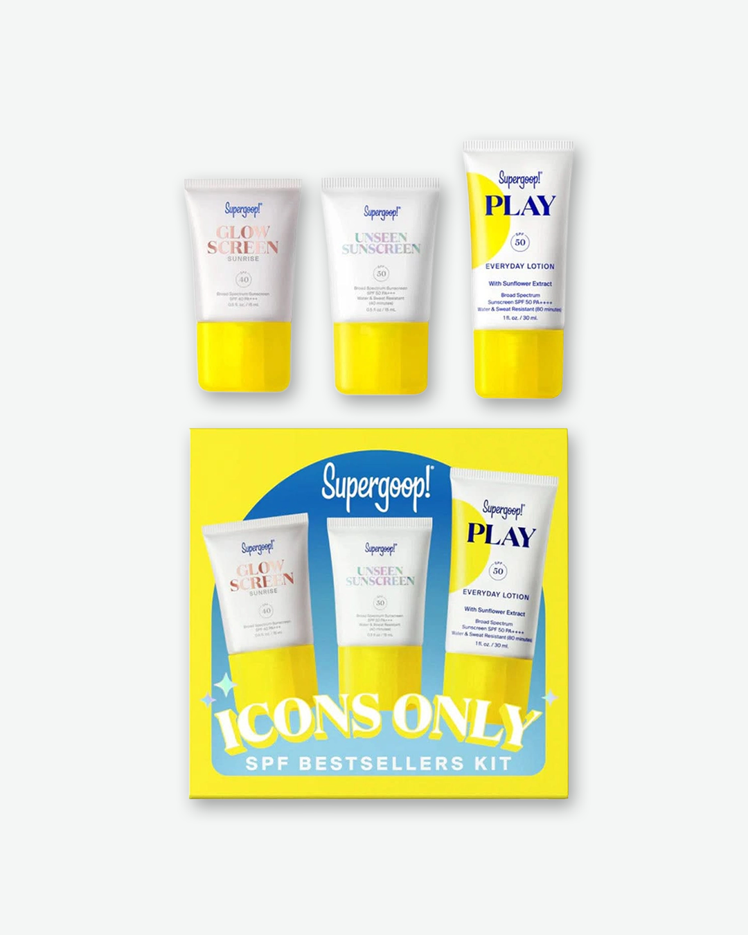 Three Supergoop sunscreen tubes standing in a row against a plain white background, each displaying its texture formulation. The Glow Screen SPF 40 tube on the left features a shimmery, pearlescent champagne-tinted cream swatch behind it. The middle tube is Unseen Sunscreen SPF 40. The PLAY Everyday Lotion SPF 50 tube on the right features a thick dollop of white lotion formula swatched behind it.