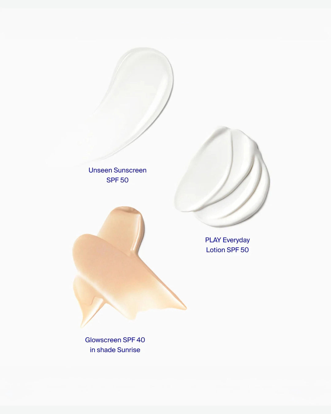 Three different types of sunscreen with application samples on a white background