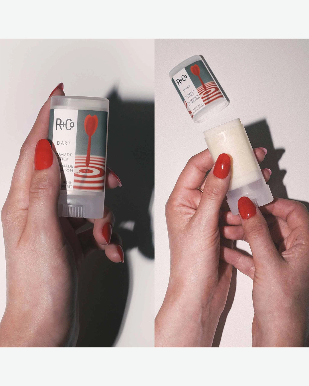Two hands holding R+Co hair products against a white background