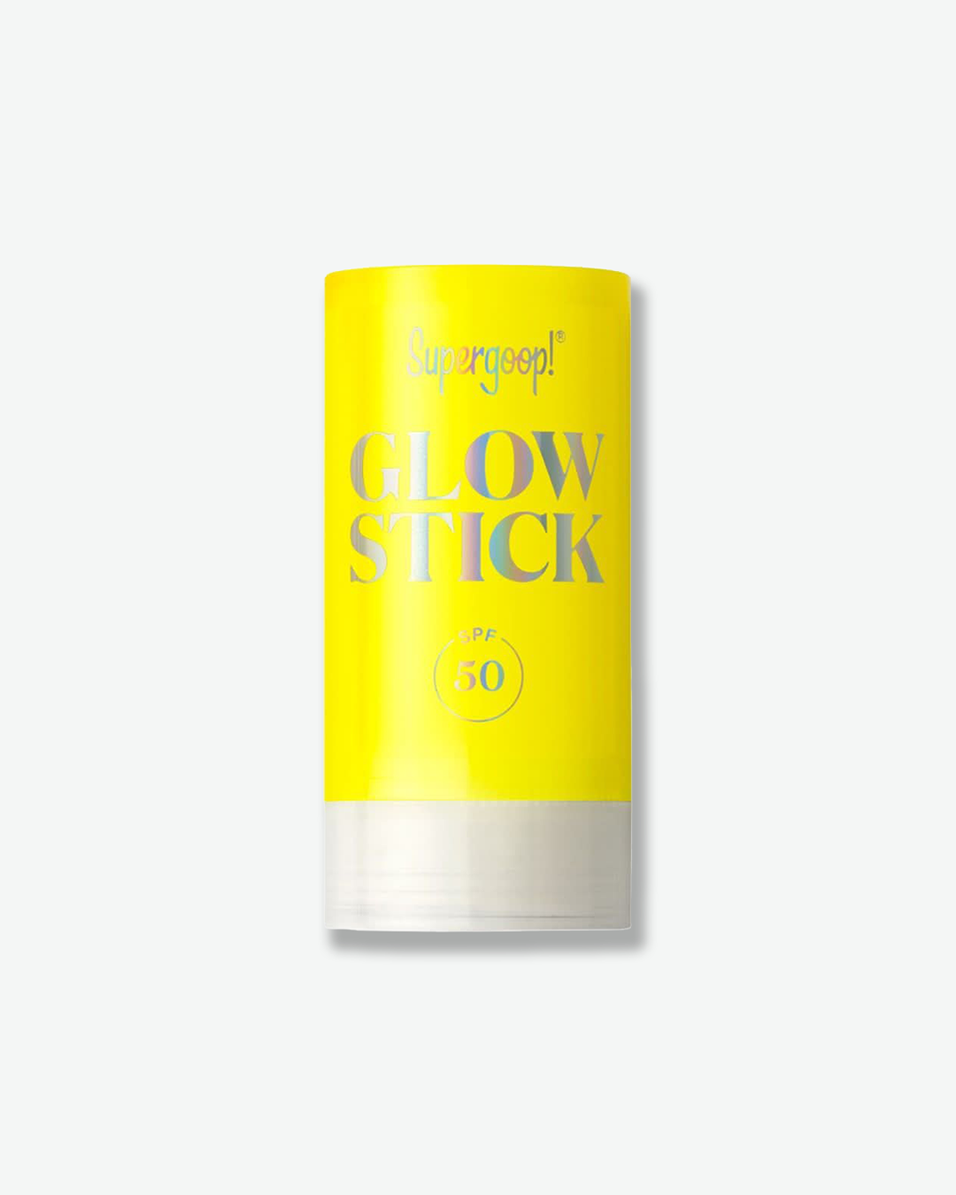 Supergoop! Glow Stick SPF 50 sun protection product in a solid bright yellow twist-up stick tube with holographic text and a clear base cap, isolated on a light grey background.