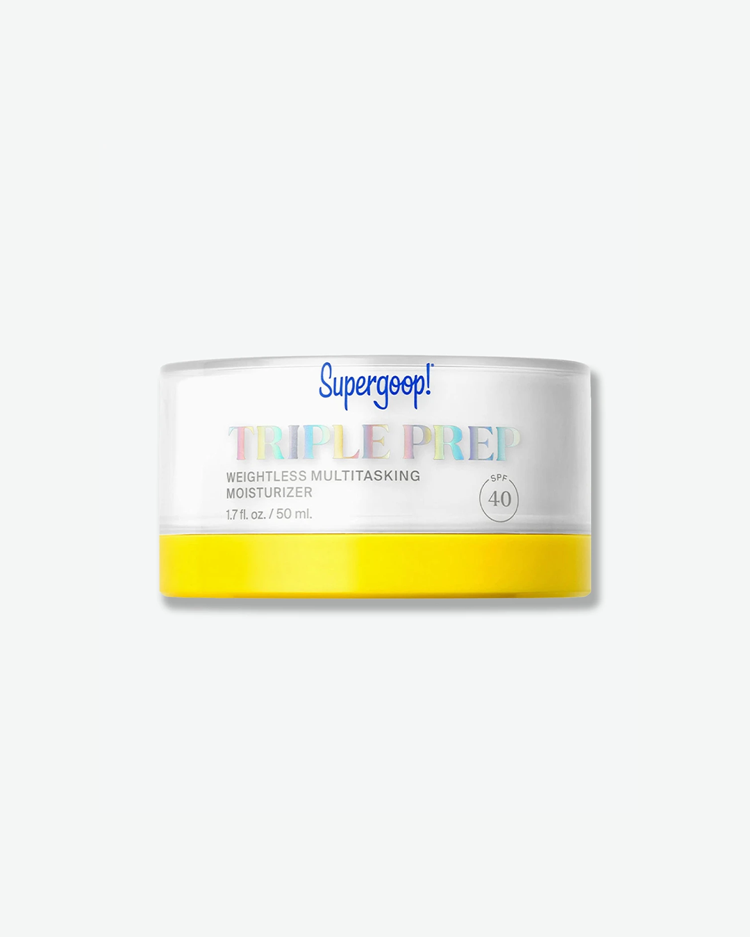 Supergoop! Triple Prep Weightless Multitasking Moisturizer SPF 40 in a low-profile white jar featuring holographic lettering and a bright yellow base trim, isolated on a light grey background.