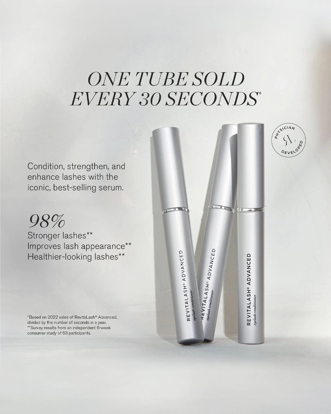 Revitalash Advanced eyelash serum with promotional text on a light background