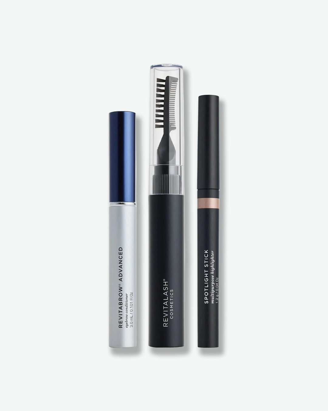 Three makeup products including a mascara, an eyeliner, and a brow product on a white background.