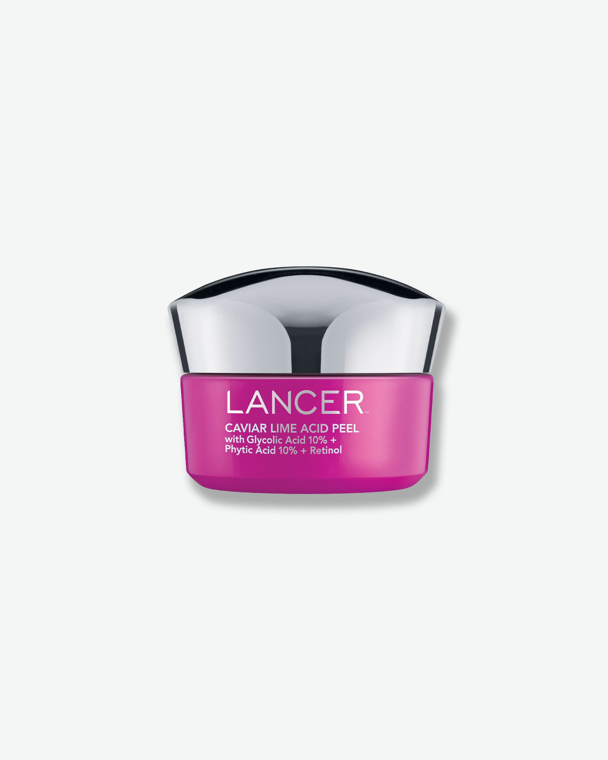 Front view of a Lancer Caviar Lime Acid Peel jar against a plain gray background. The container consists of a vibrant magenta-pink base showcasing the product details and active ingredients in white text, paired with a distinctively contoured chrome metallic cap.