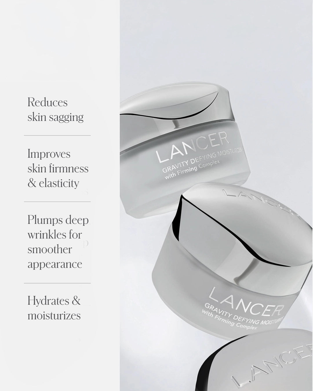 LANCER skincare product with text highlighting its benefits on a white background