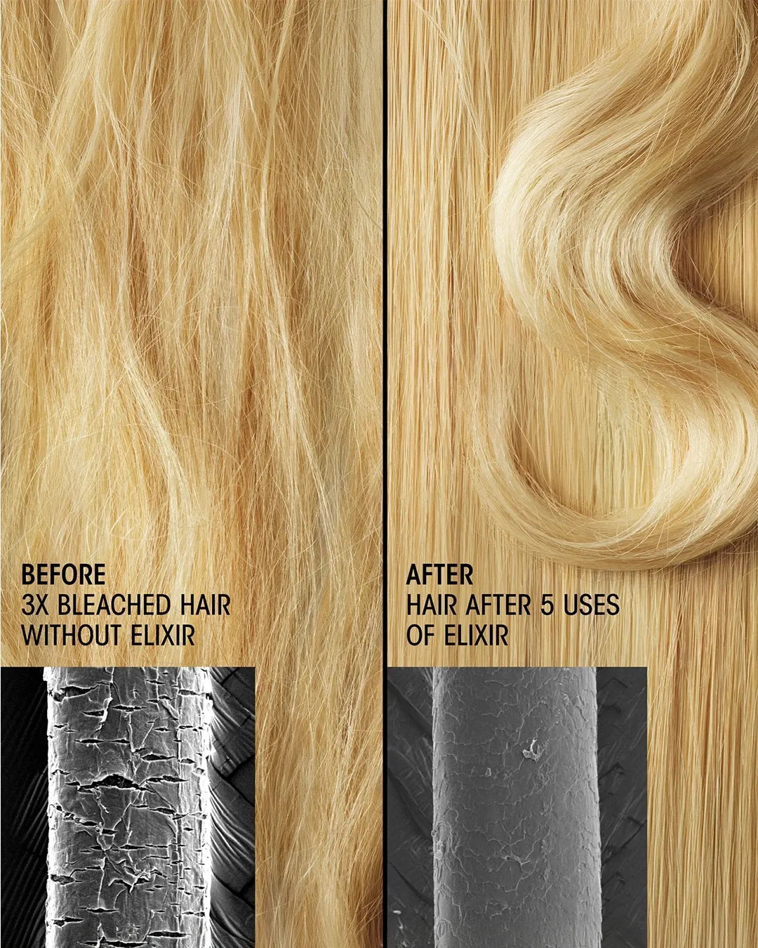 Before and after comparison of bleached hair with Elixir treatment
