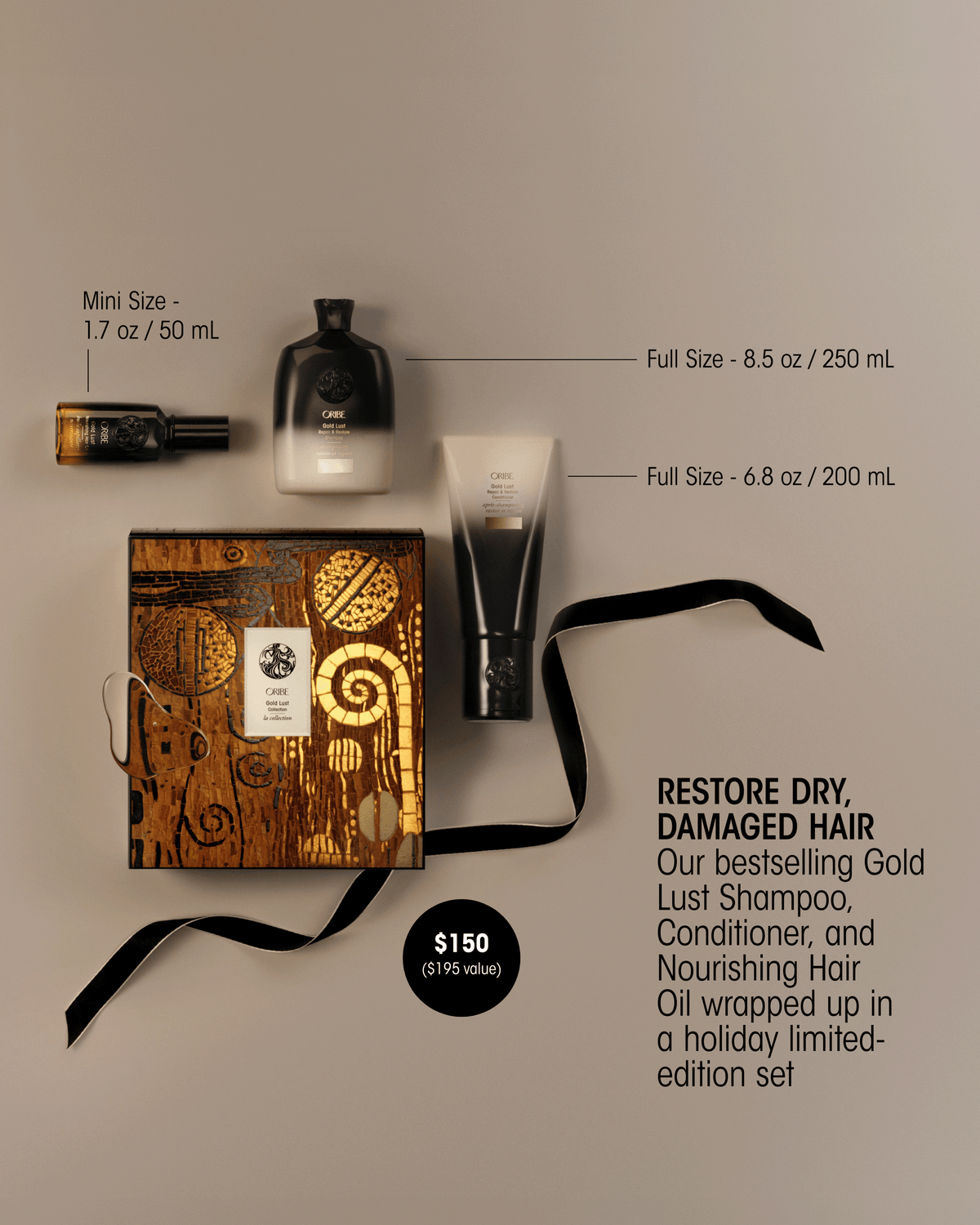 Oribe Gold Lust holiday gift set featuring full-size Gold Lust Shampoo and Conditioner, mini Nourishing Hair Oil, and limited-edition mosaic packaging.