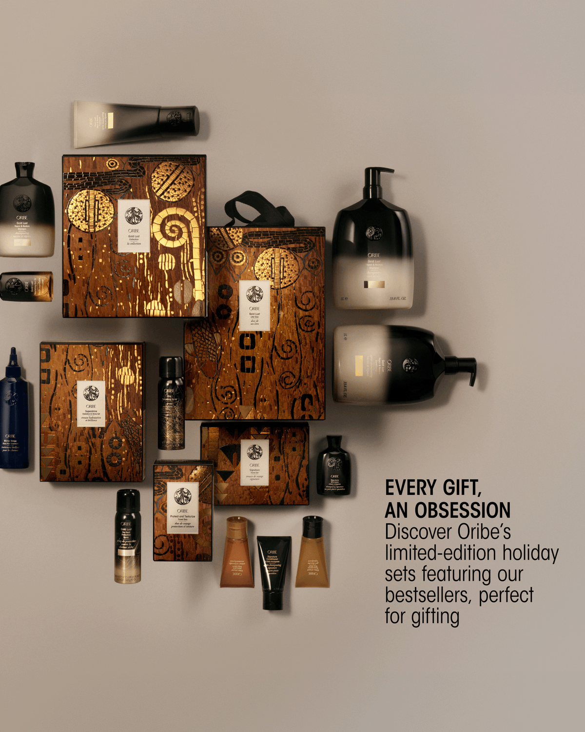 Oribe Holiday Collection artist feature showcasing the creation of the limited-edition mosaic packaging inspired by the Oribe Goddess emblem and gold.
