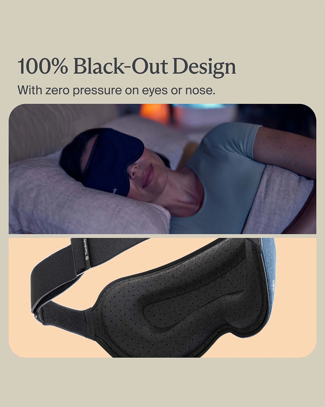 Sleep mask with text '100% Black-Out Design' and 'Zero pressure on eyes or nose' displayed.