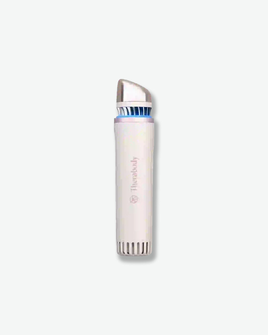 White electronic device with blue light on a white background