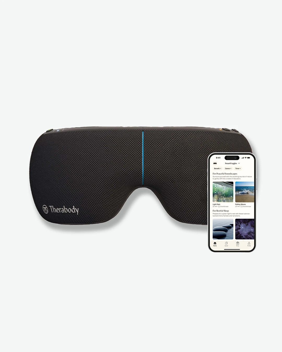 A black Therabody SmartGoggles eye mask displayed next to a smartphone showing the companion mobile app.