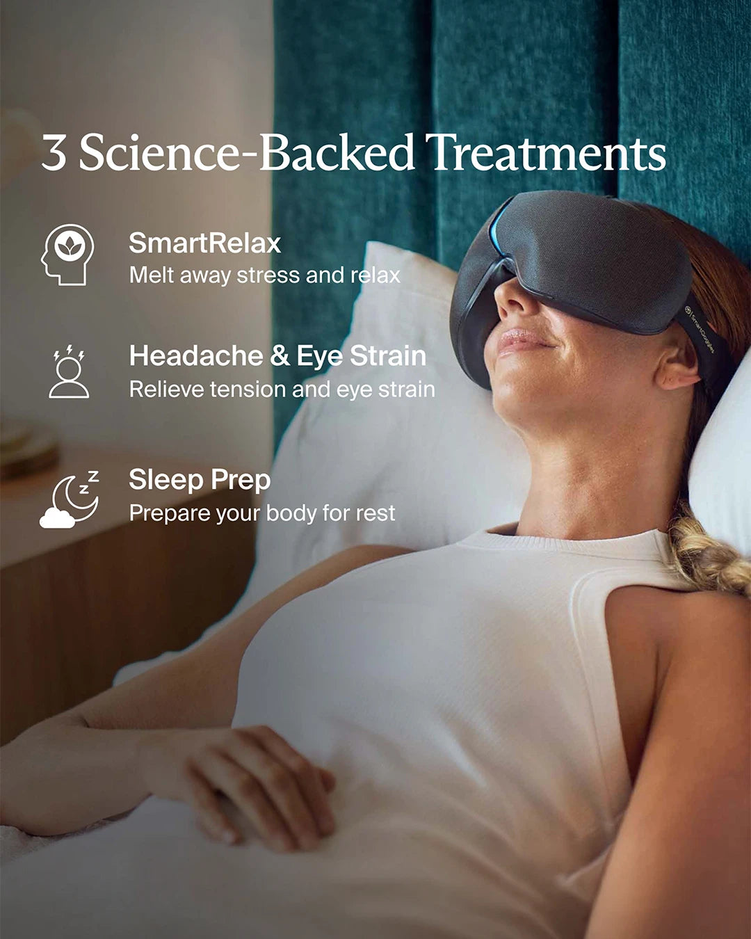 Woman using a sleep mask with text on science-backed treatments in a bedroom setting.