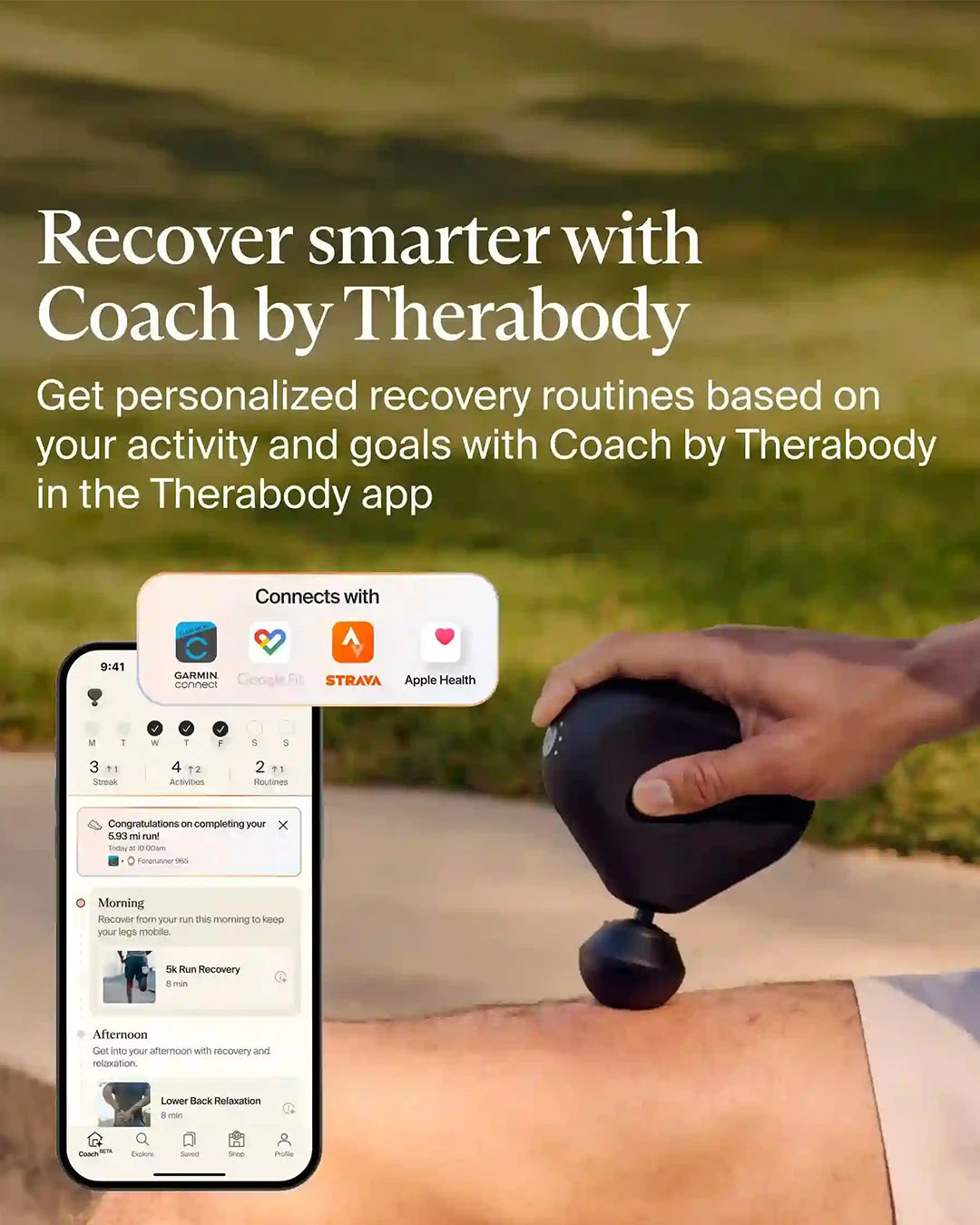 Advertisement for Therabody app showing a hand holding a recovery device with app interface on smartphone.