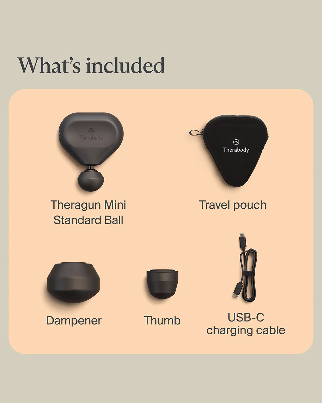 List of included items for a Therabody product on a beige background