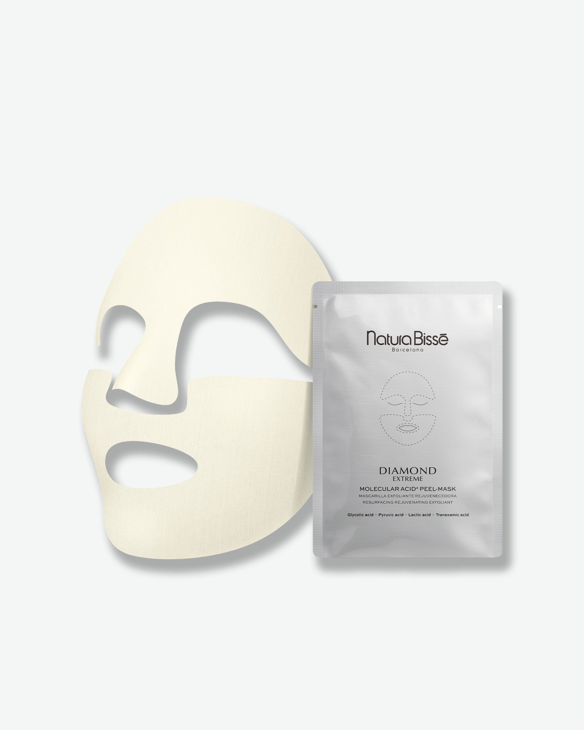 A cream-colored facial sheet mask shown next to its silver foil packaging pouch on a light gray background. The brand name 'NaivaBisse' is clearly visible on the pouch.
