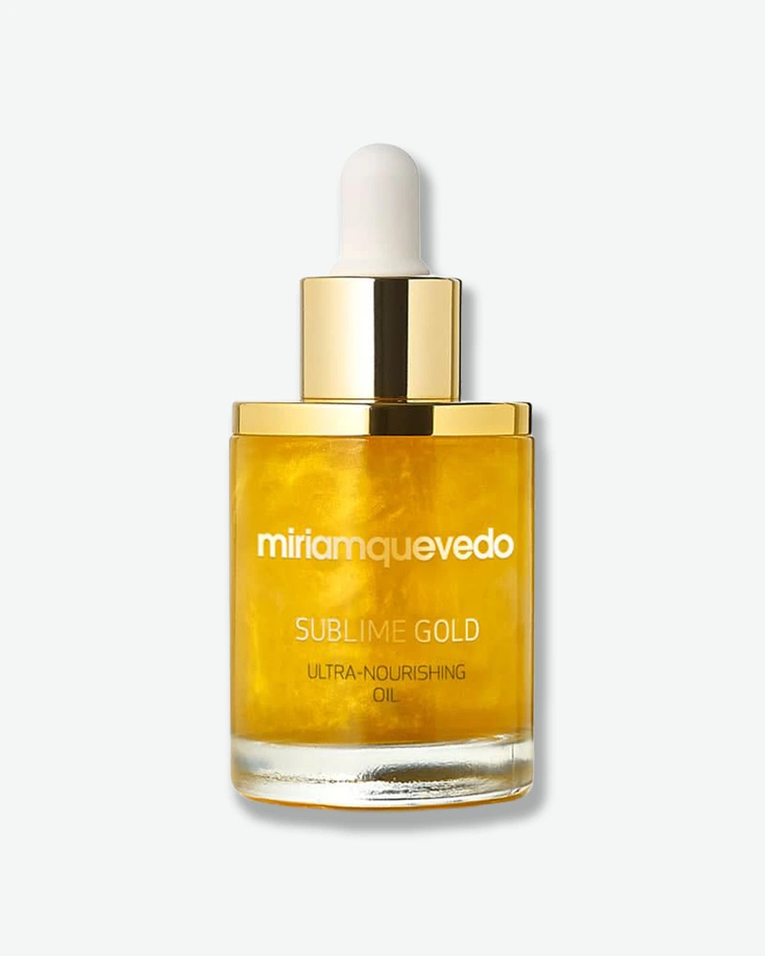 Bottle of Miriam Quevedo Sublime Gold Ultra-Nourishing Oil on a white background