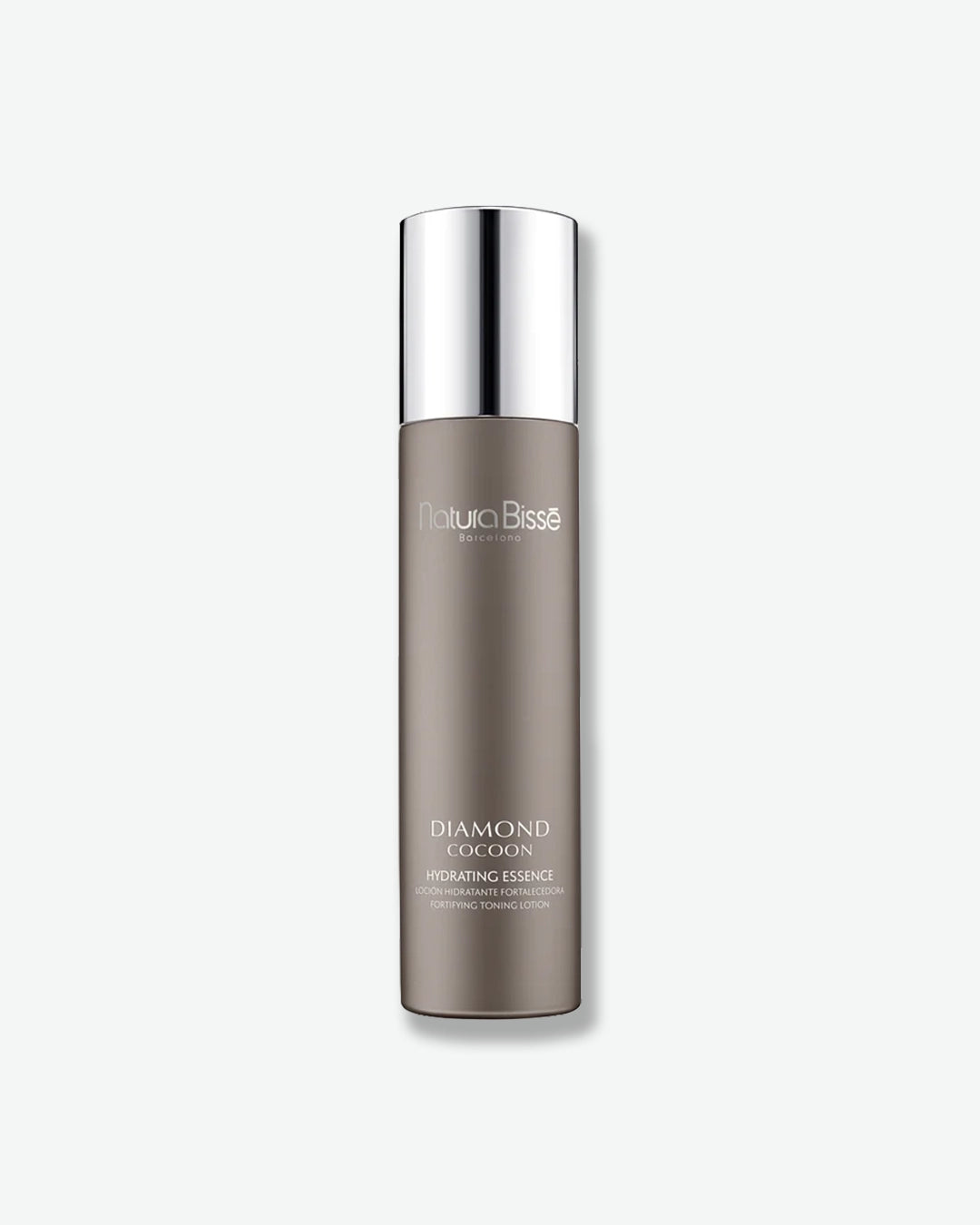 Skincare bottle with silver cap on a white background