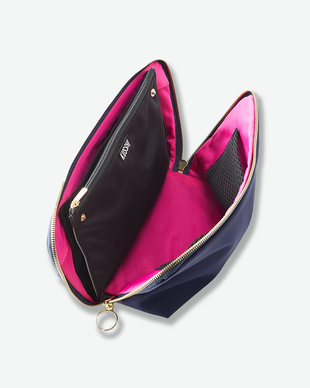 Open navy and pink pouch with visible brand logo on a white background