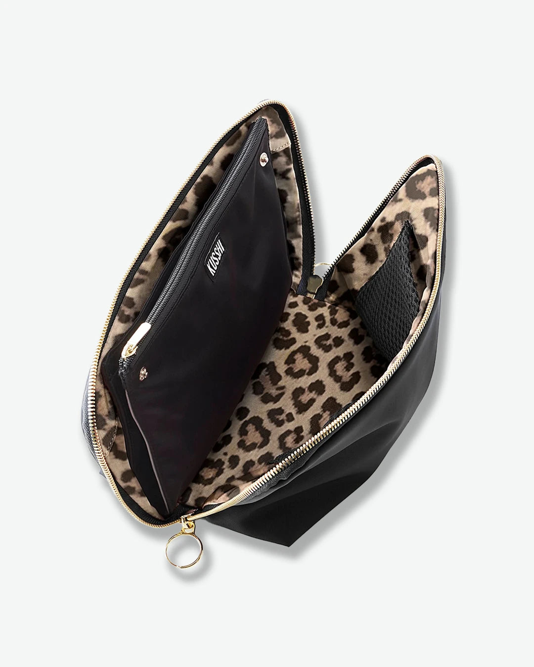 Black pouch with leopard print interior on a white background
