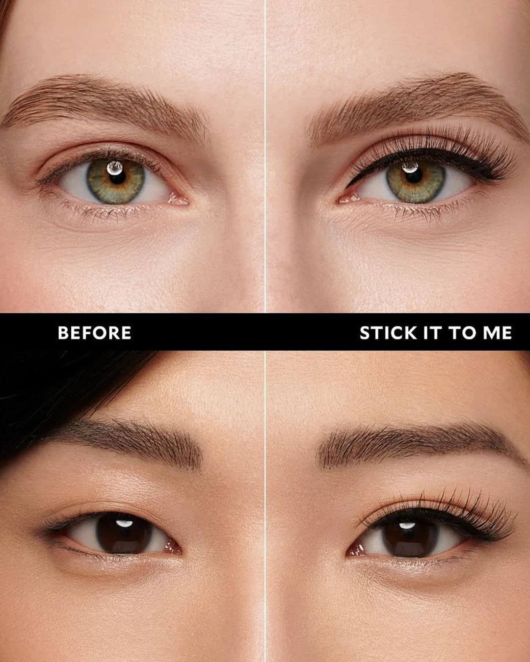 Before and after comparison of eye makeup application with 'Stick It To Me' text.
