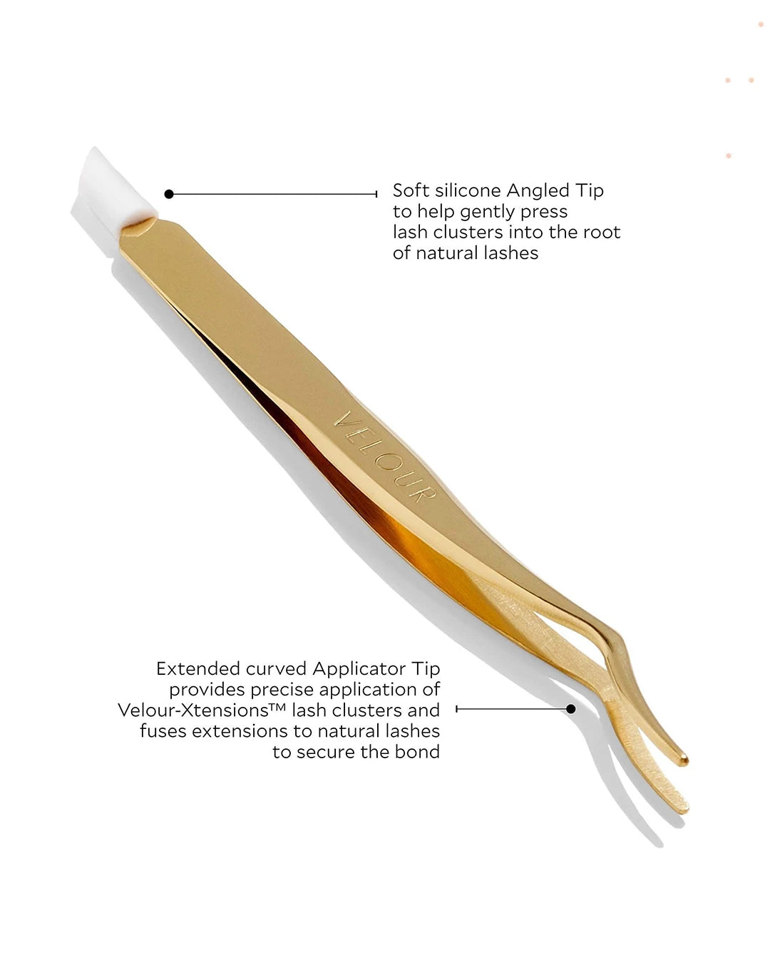 Gold eyelash extension tool with labeled features on a white background