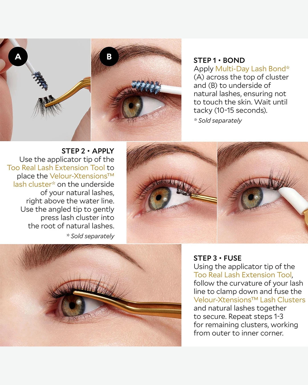 Step-by-step guide on applying lash extensions with close-up shots of eyes and tools.
